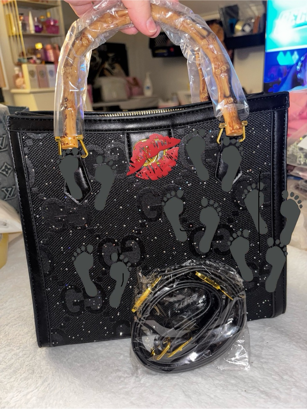 NEW FASHION BaG Black Satchel Tote with Bamboo-Style Top Handles